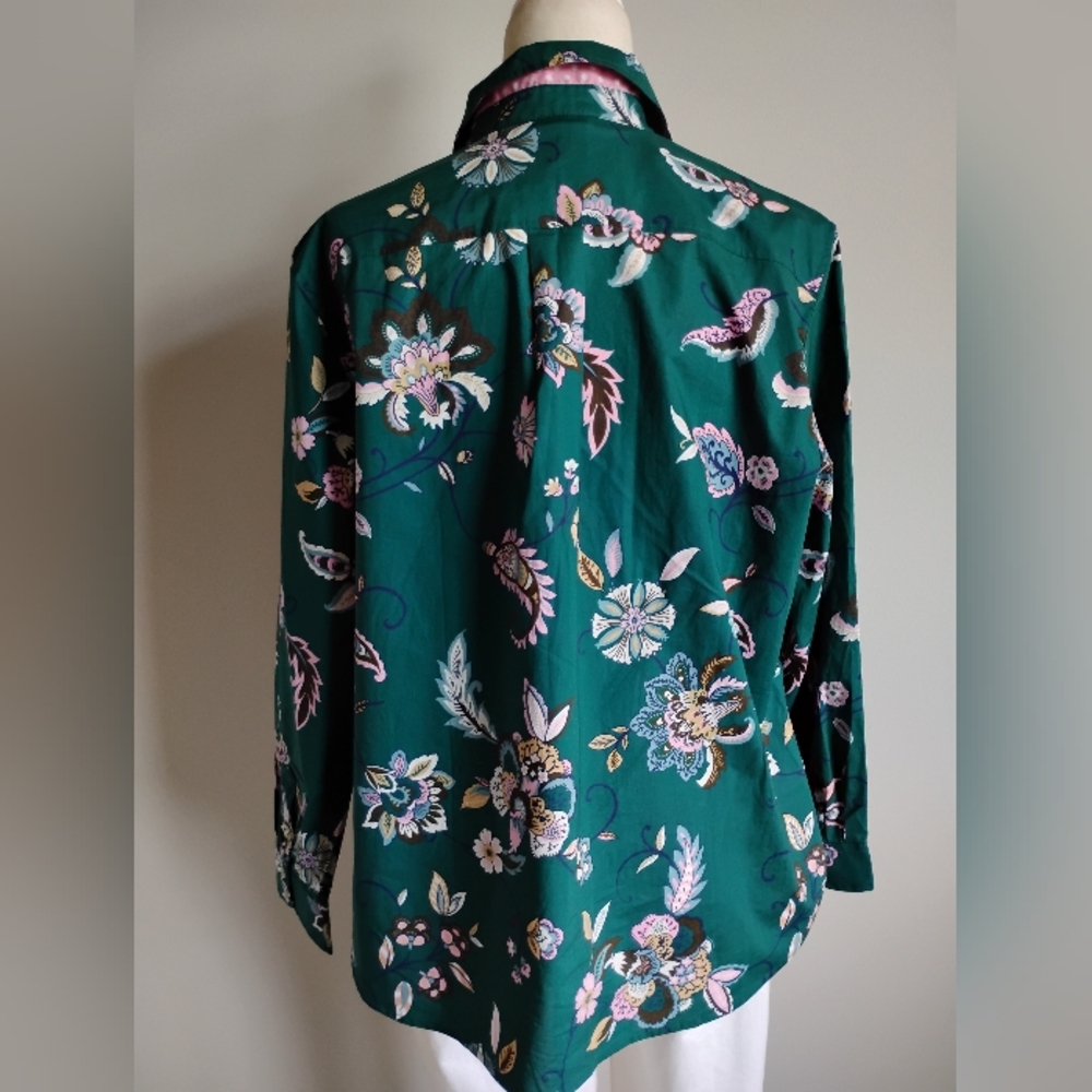 Talbots Petite Cotton Button Down Shirt Green Pink Paisley Floral Colorful  XLP - Picture 10 of 16